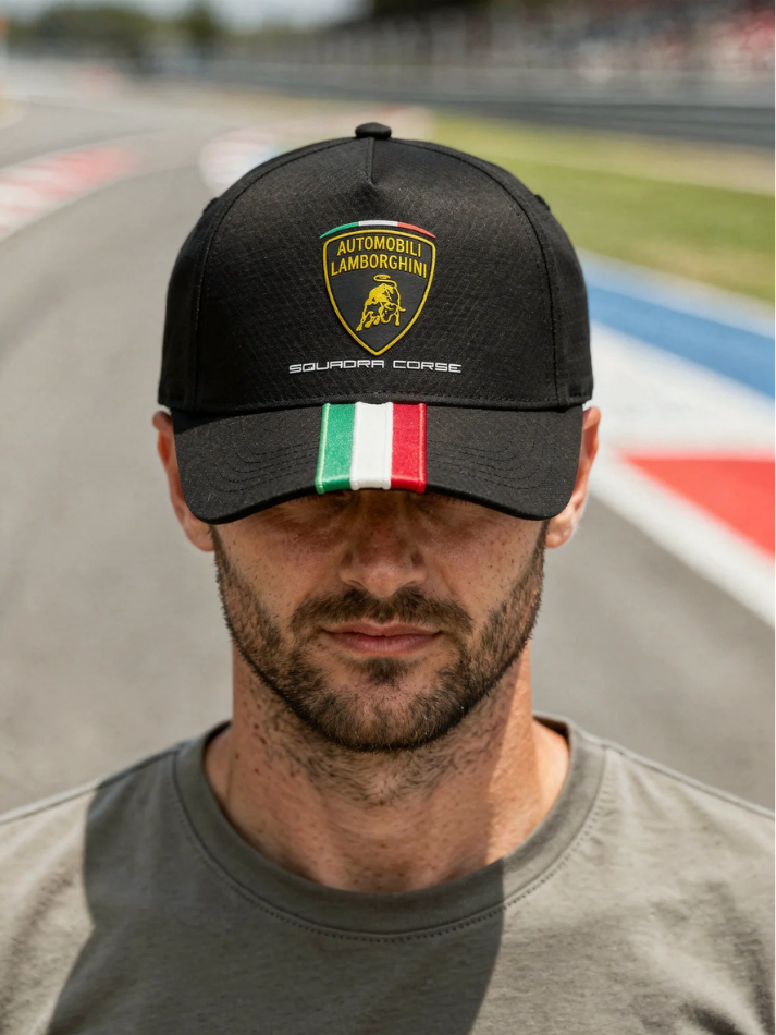 Cappellino Uomo Automobili Lamborghini Squadra Corse Nero con Banda Italiana-1