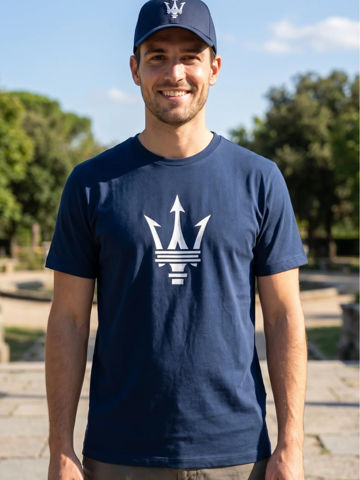 Maserati T-shirt Blu Navy Tridente Grande in Gomma-1