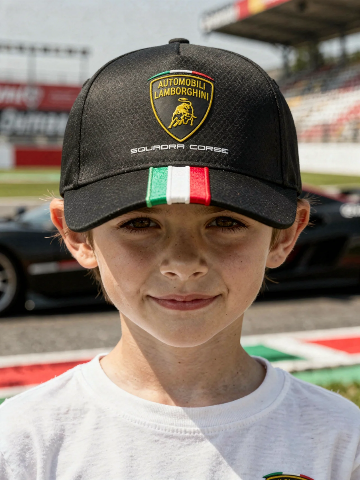 Cappellino Bambino Automobili Lamborghini Squadra Corse Nero con Banda Italiana