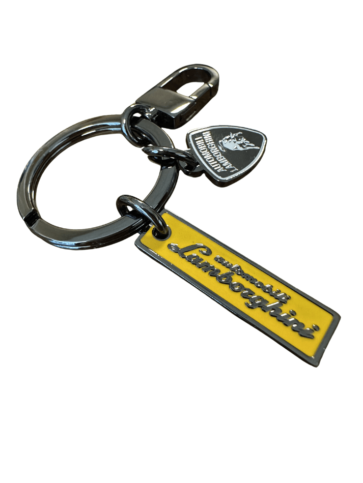 Portachiavi Lamborghini in acciaio con targhette, elegante accessorio per appassionati di auto di lusso.