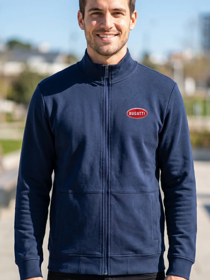 Bugatti Felpa uomo con zip blu scuro con logo rosso-1