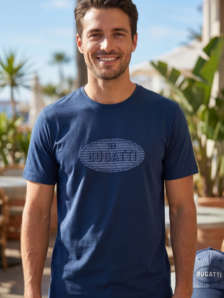 Bugatti T-shirt uomo Blu con logo celeste