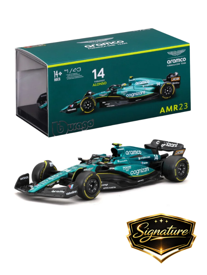 Moldellino auto Burago in scala 1:43 ASTON MARTIN - F1 AMR23  #14 ALONSO Signature-1